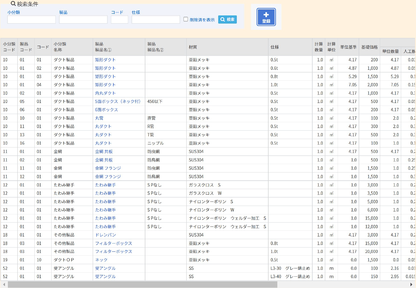 製品価格マスタの価格一覧